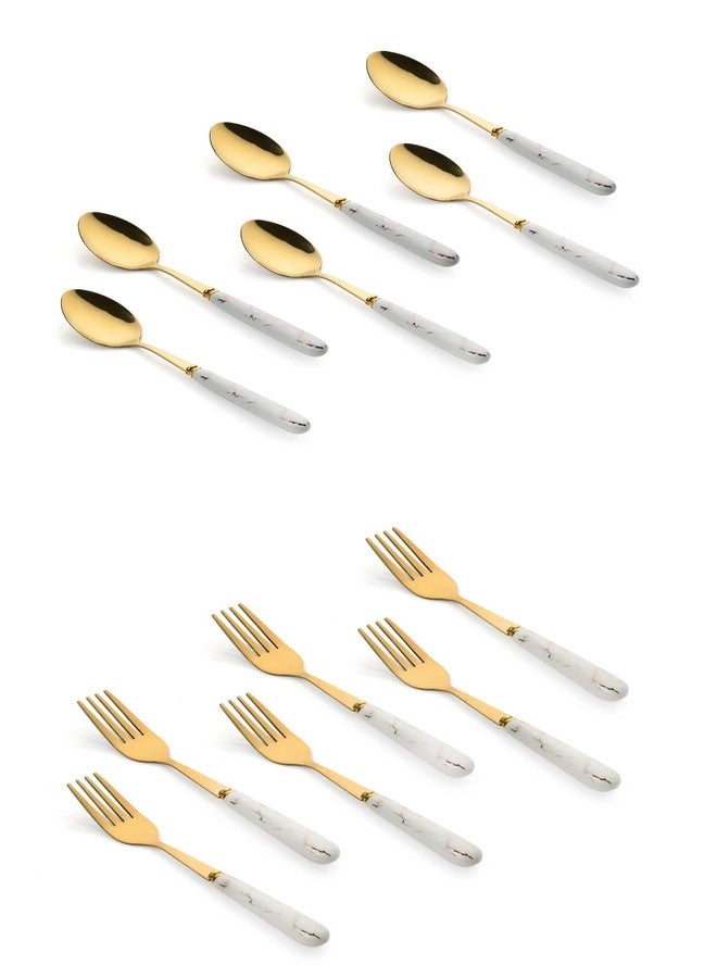 MGeezz Golden Stainless Steel Spoons & Forks Set Kitchen Restaurant Cutlery Dinner Table Bouillon Oval Edge with Ceramic Handle Tableware Fork (Golden 6 Small Forks - 14.5cm)(6 Small Spoon - 15 Cm) - Image 1